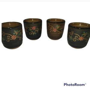 VINTAGE Stoneware Saki Cups Handleless Mugs Brown Floral Design Set of 4